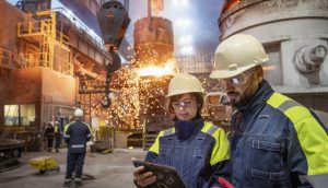 Male and female steelworkers using digital tablet during steel pour in steelworks